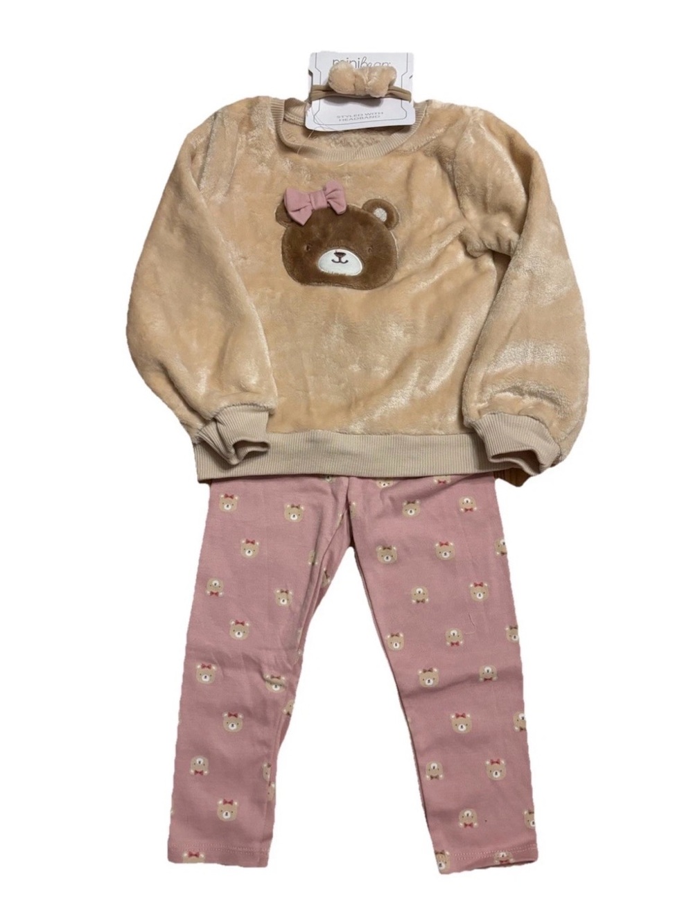 Mini Bean Cozy Bear Plush Top & Pink Bear Print Leggings Set With Headband - 3T